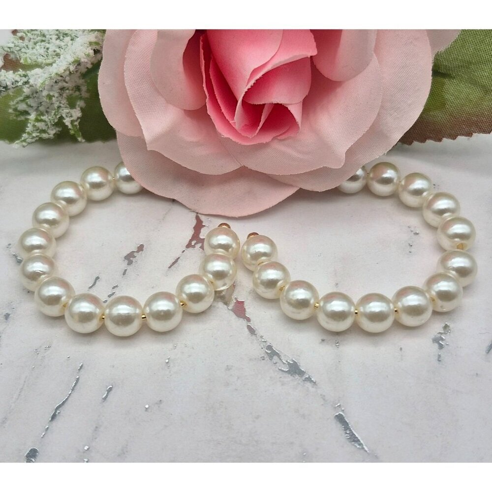 Unique White Faux Pearl Large Statement Hoop Earrings Pierced 1.5"